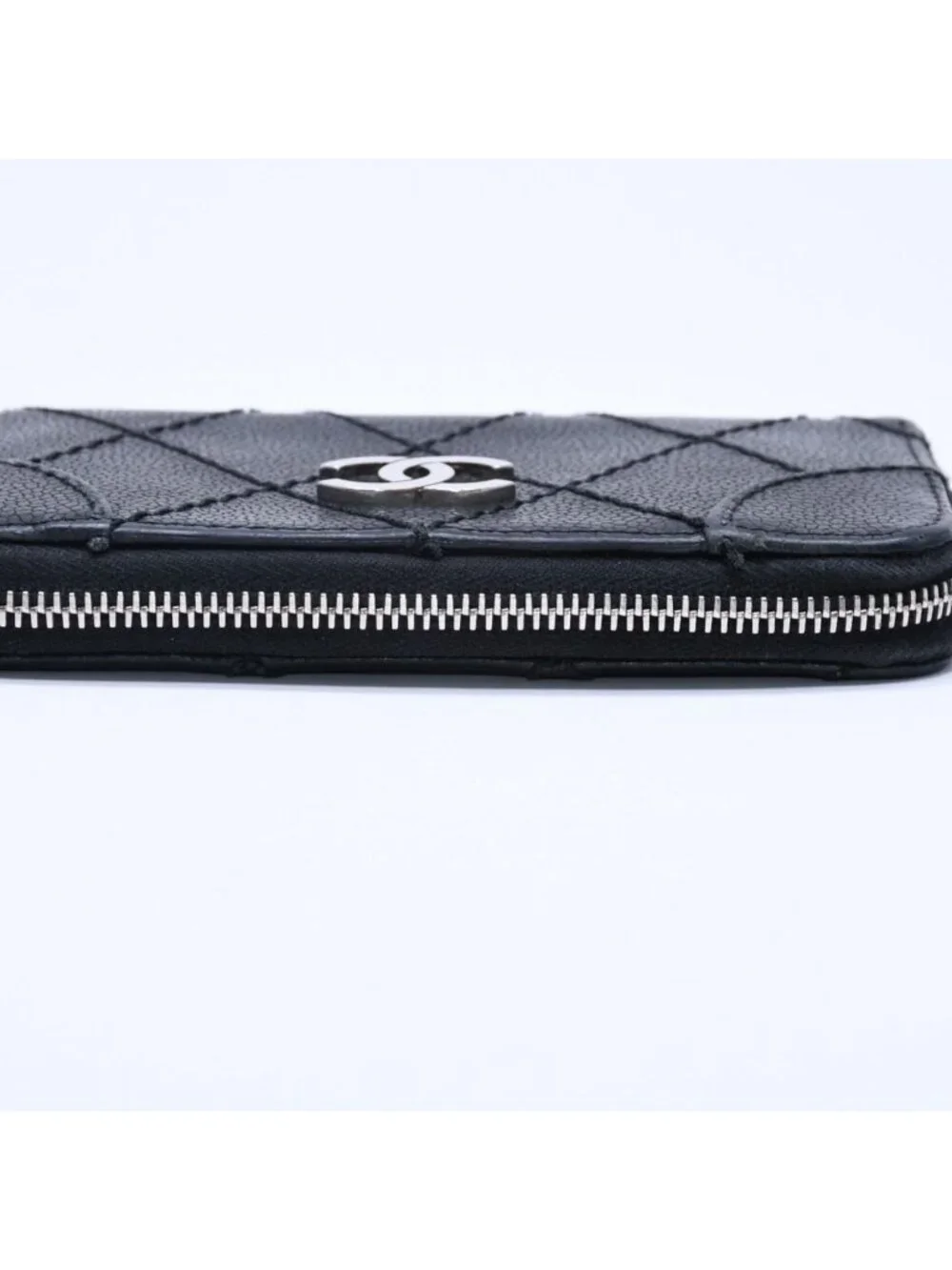 Chanel Leather Wallet Card Case CC Logo Wild Stitch Caviar Black Silver